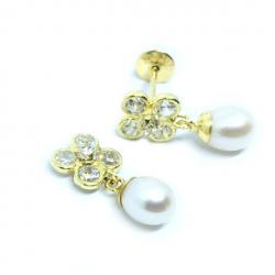 Brinco em ouro amarelo 18k feminino com pérola e flor - 2BPP0036 Brinco em ouro amarelo 18k feminino com pérola e flor - 2BPP0036