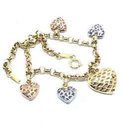 Pulseira elos portugueses em ouro amarelo 18k - Corações Pingentes - 2PUO0669 Pulseira elos portugueses em ouro amarelo 18k - Corações Pingentes - 2PUO0669